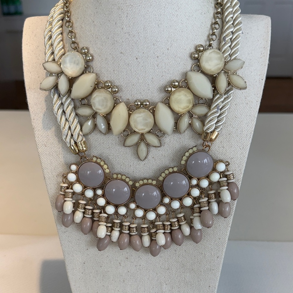 2pc Cream Gold Bib Necklace Set Multi-Layered Acrylic Stone Silk Cord Bohemian